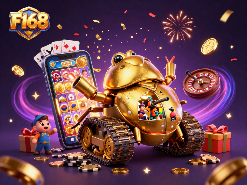 Experience excitement at F168's vibrant virtual casino filled with games and confetti.