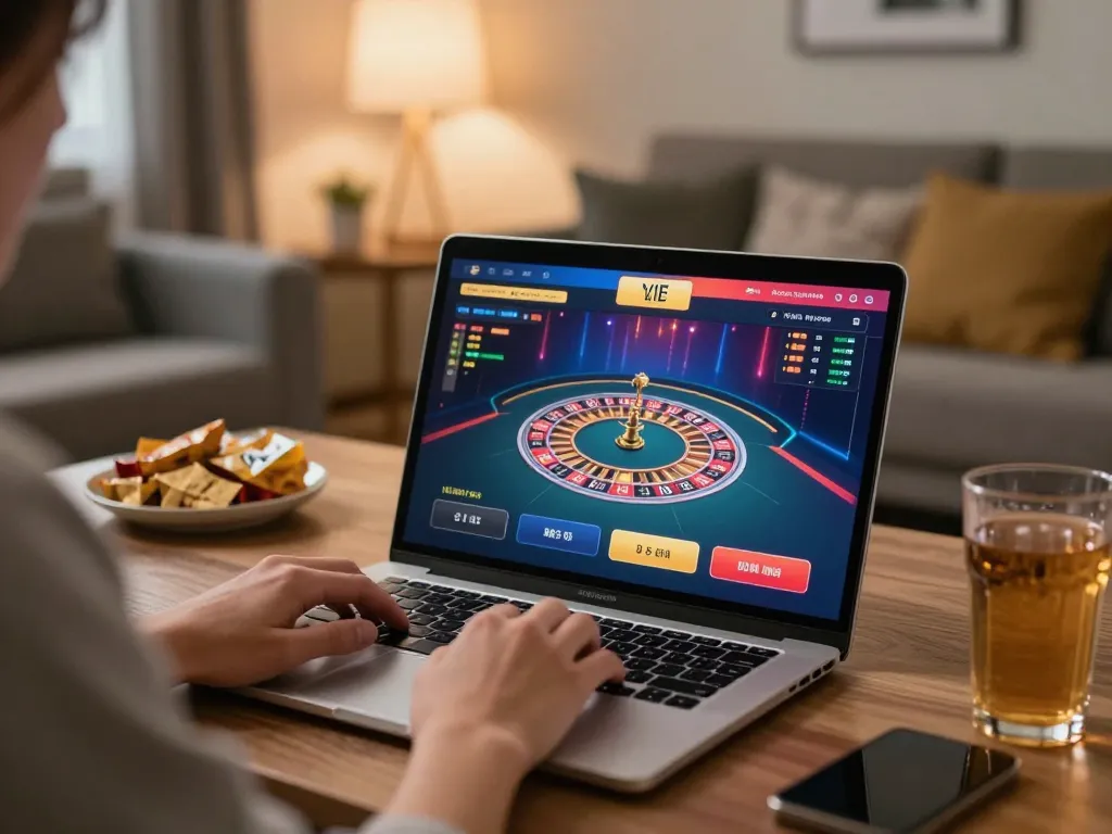 Player engaging in live dealer games on f8betz online platform with cozy home setup