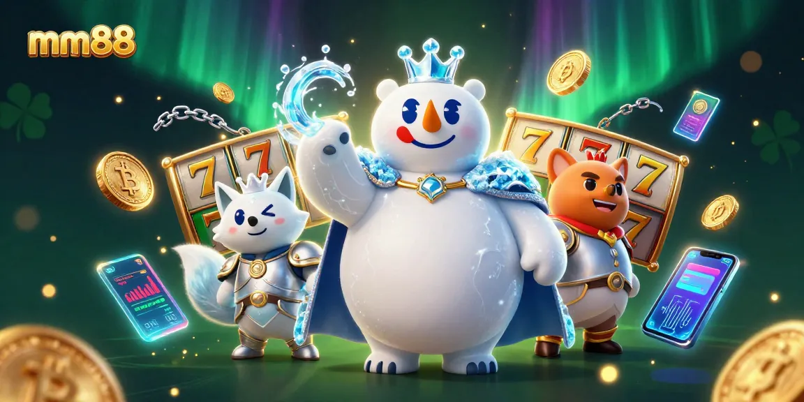 Experience winning strategies at mm88 casino, featuring a royal polar bear and snow fox amid vibrant gaming elements.