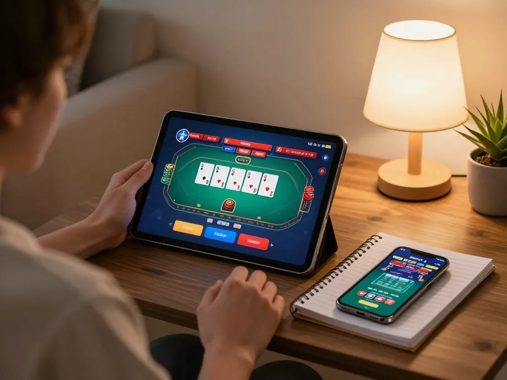 Engaged user at trang chủ lc88 playing poker on a tablet with strategic notes nearby
