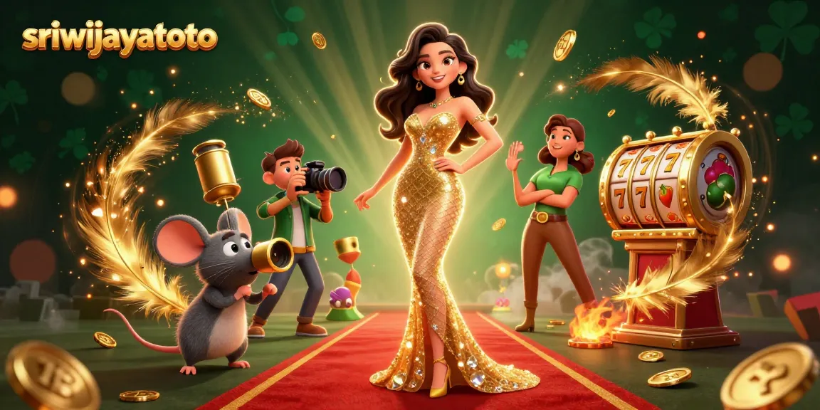 Sriwijayatoto showcases a stunning 3D scene featuring a glamorous woman, slot reels, and golden coins.