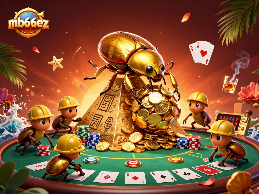 Experience thrilling moments at mb66ez with the golden beetles rolling winnings among vibrant casino symbols.