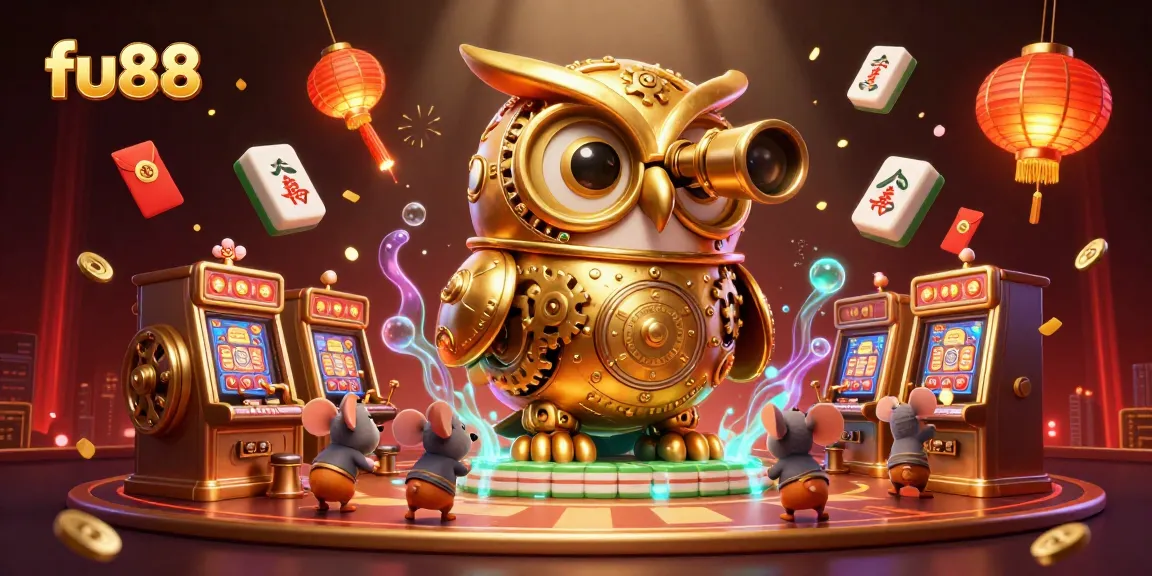 Experience fu88's vibrant casino energy with a clockwork owl and playful mice gaming among slot machines.