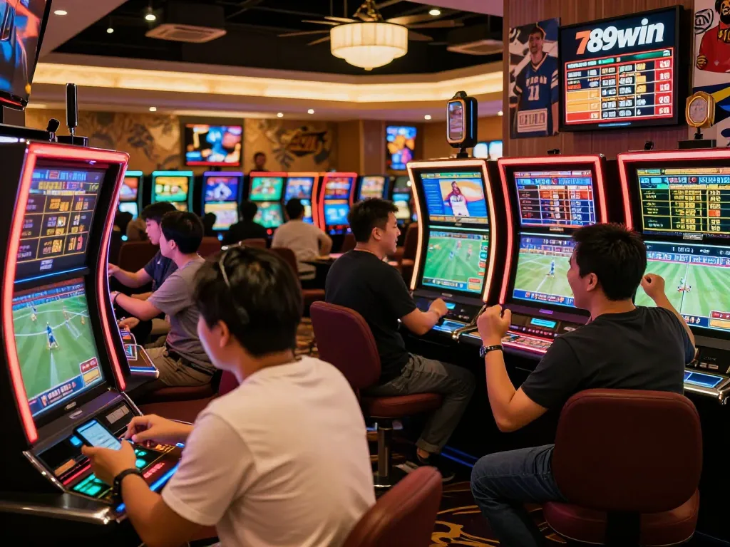 Excited bettors using the 789win com platform in a bustling sports betting area.