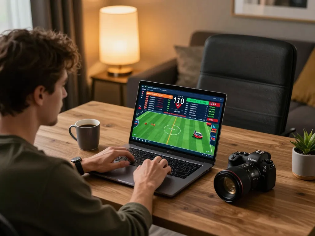 Engaged user analyzing sports odds on keonhacaii88's online platform in stylish home setup