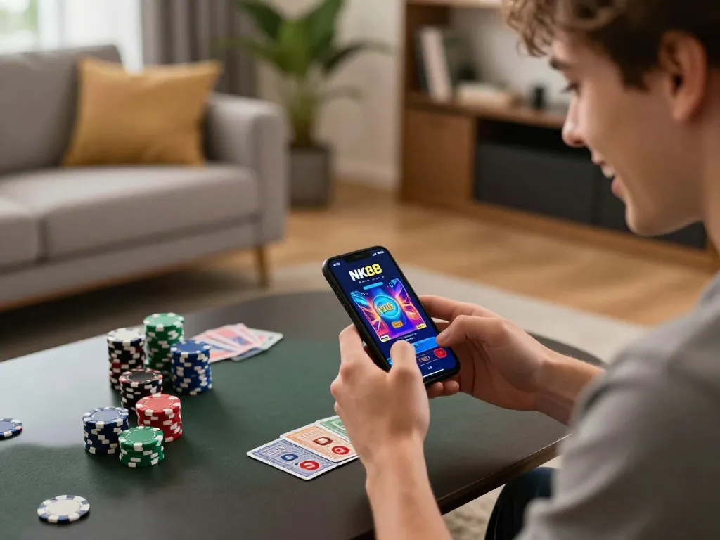 Player exploring NK88 mobile app gameplay in a cozy living room with vibrant graphics visible.
