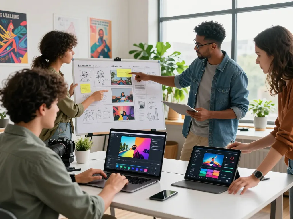 Diverse creators engaging with seedance ai in a vibrant workspace, showcasing AI video project collaboration.