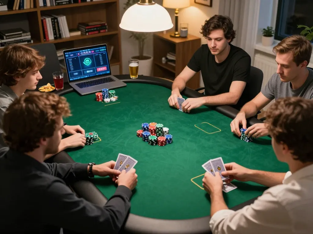 rik88 players having an exciting poker night with vibrant chips and cards in cozy home atmosphere