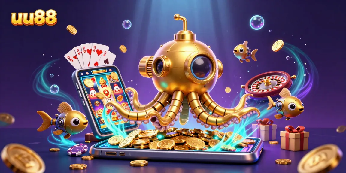 Spin to win with uu88 in this vibrant underwater casino scene filled with golden coins and exciting game elements.