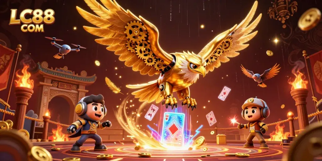Experience thrilling gameplay with LC88 COM in a dynamic 3D casino scene featuring vibrant characters.