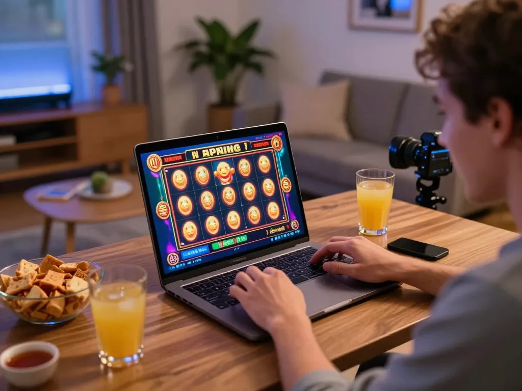 Player enjoying slots on Sonclub online casino from home, revealing colorful graphics and a cozy ambiance.