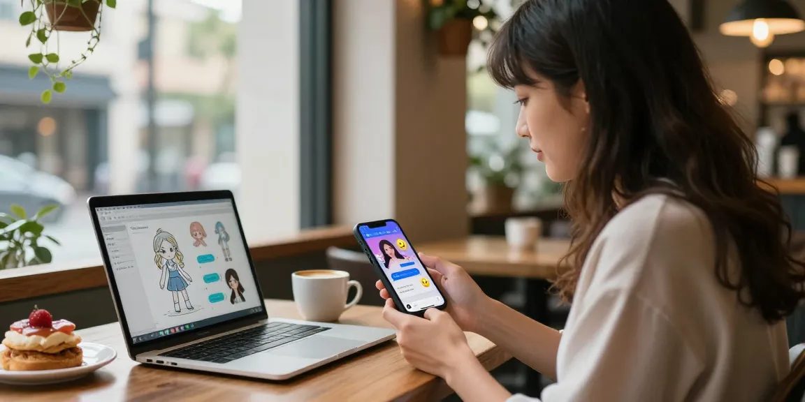 AI girlfriend chat experience in a cozy café setting with a young woman interacting on her smartphone.