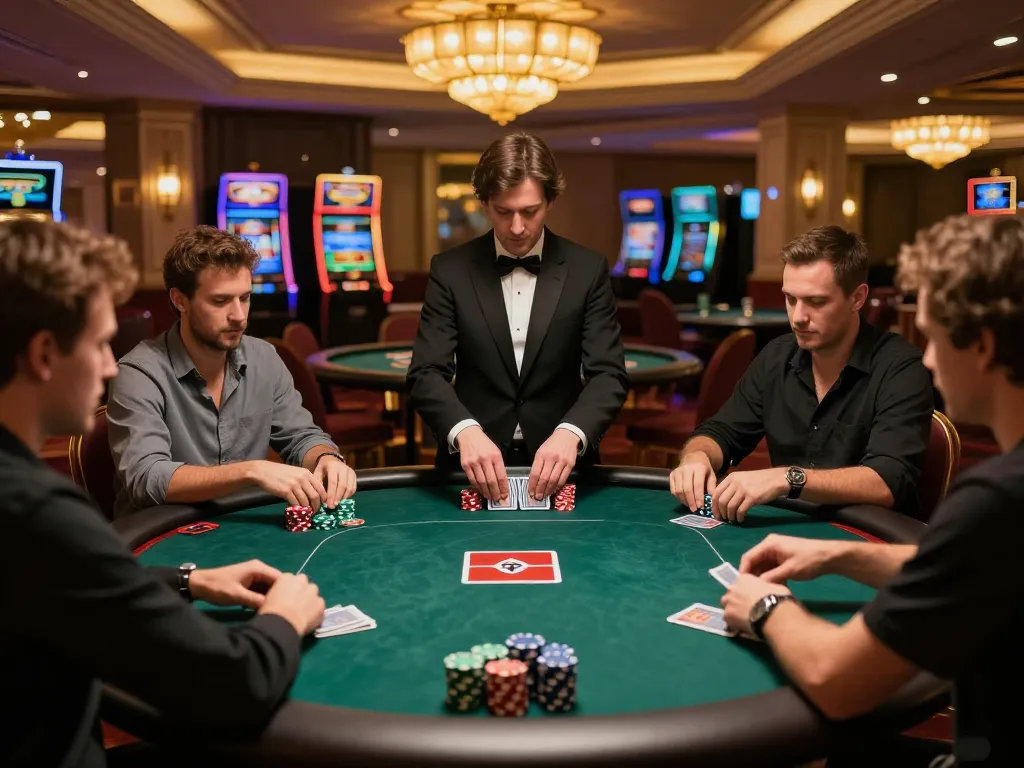 Casino players strategizing at sc88hd poker table with warm ambiance.