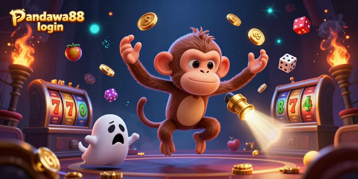 Pandawa88 login engaging scene with a mischievous poltergeist monkey juggling gold coins and a curious puppy tracking it.