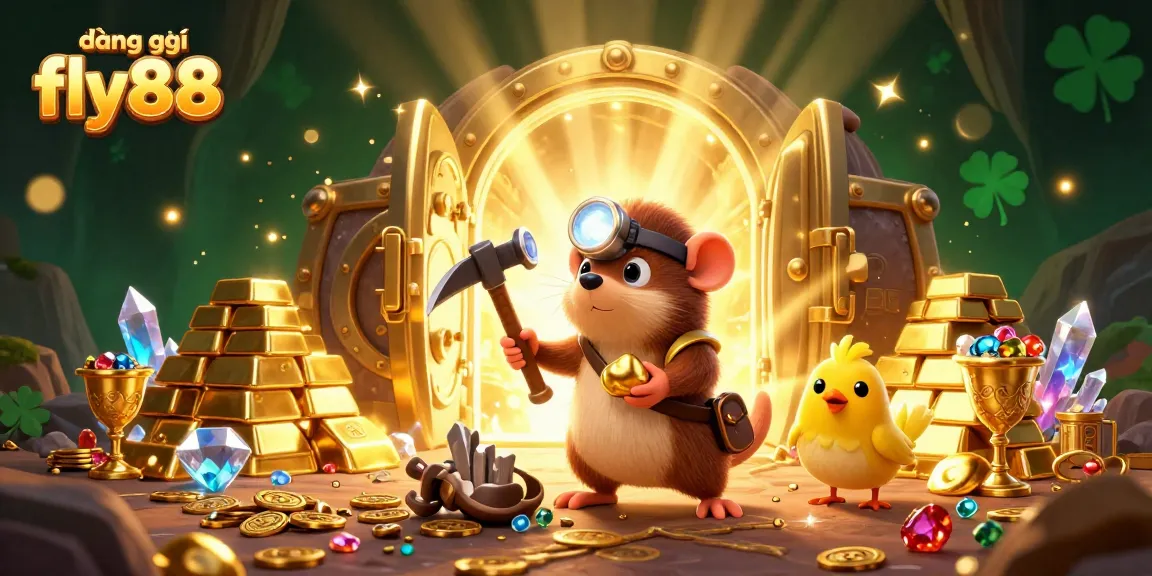 Join the excitement of đăng ký fly88 with treasures and game elements bursting in a vibrant illustration.