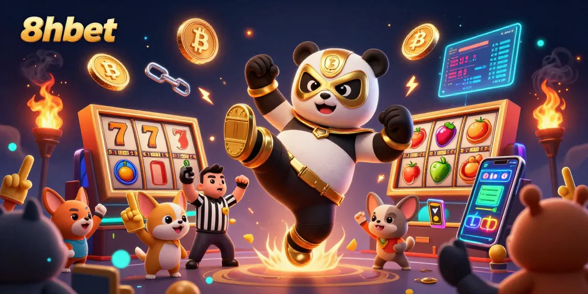 Players spin jackpots with 8xbet in an exciting casino scene featuring a panda and animal spectators.