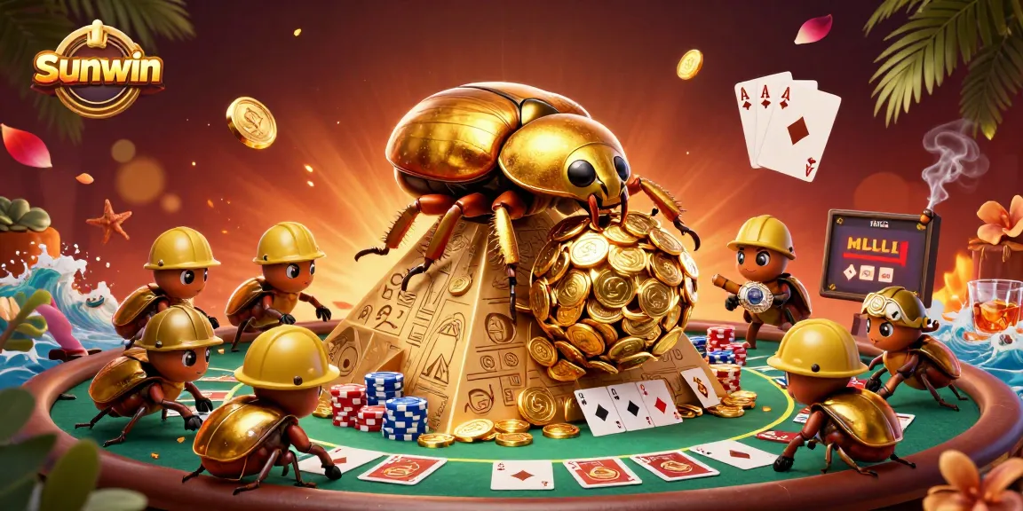 Experience thrilling gameplay at sunwin with a golden dung beetle rolling coins symbolizing jackpot wins.
