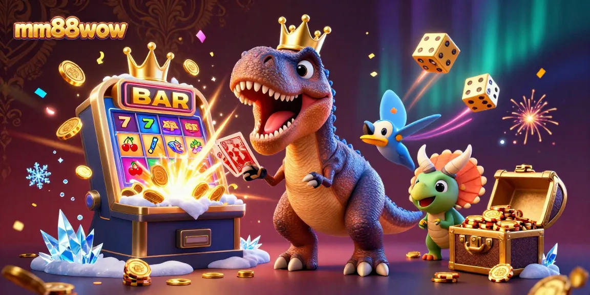 Experience the excitement of mm88wow as a T-Rex plays cards surrounded by jackpot elements!