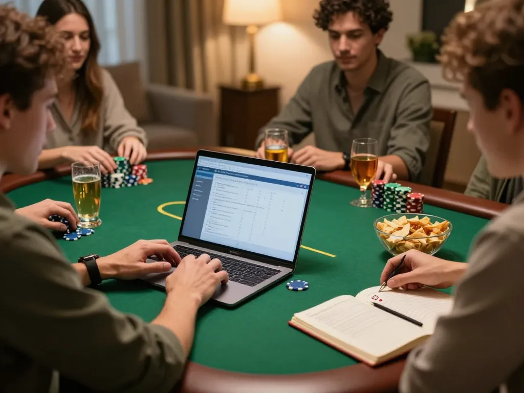 Engaging in poker gameplay at home using KK55, surrounded by friends and snacks.