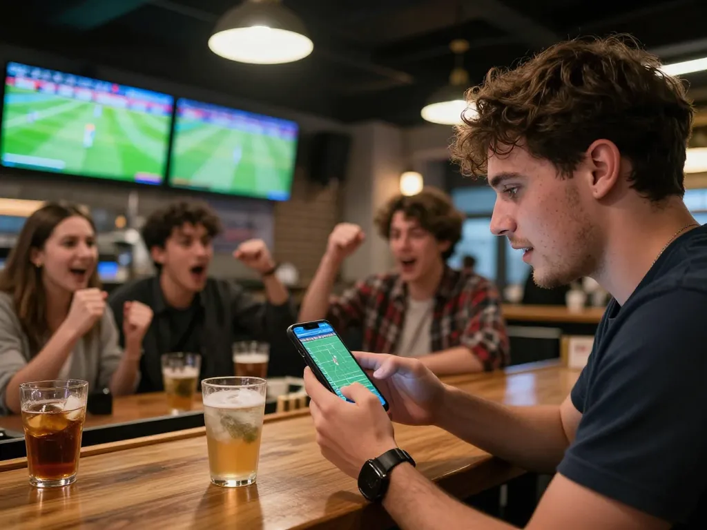 Bettor using Bongdallu app for real-time odds during intense sports game analysis