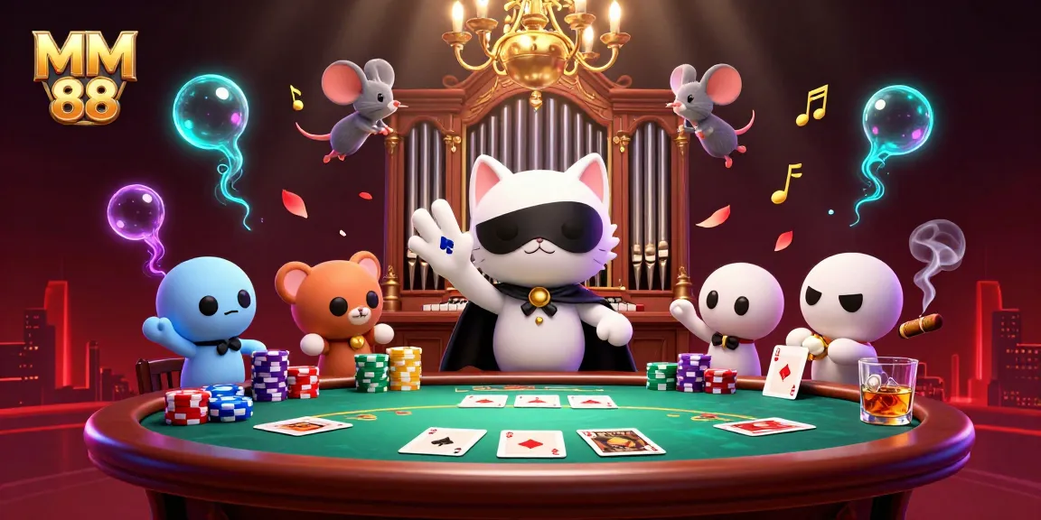 Engage with MM 88 at a vibrant casino scene featuring a whimsical white cat and poker elements.