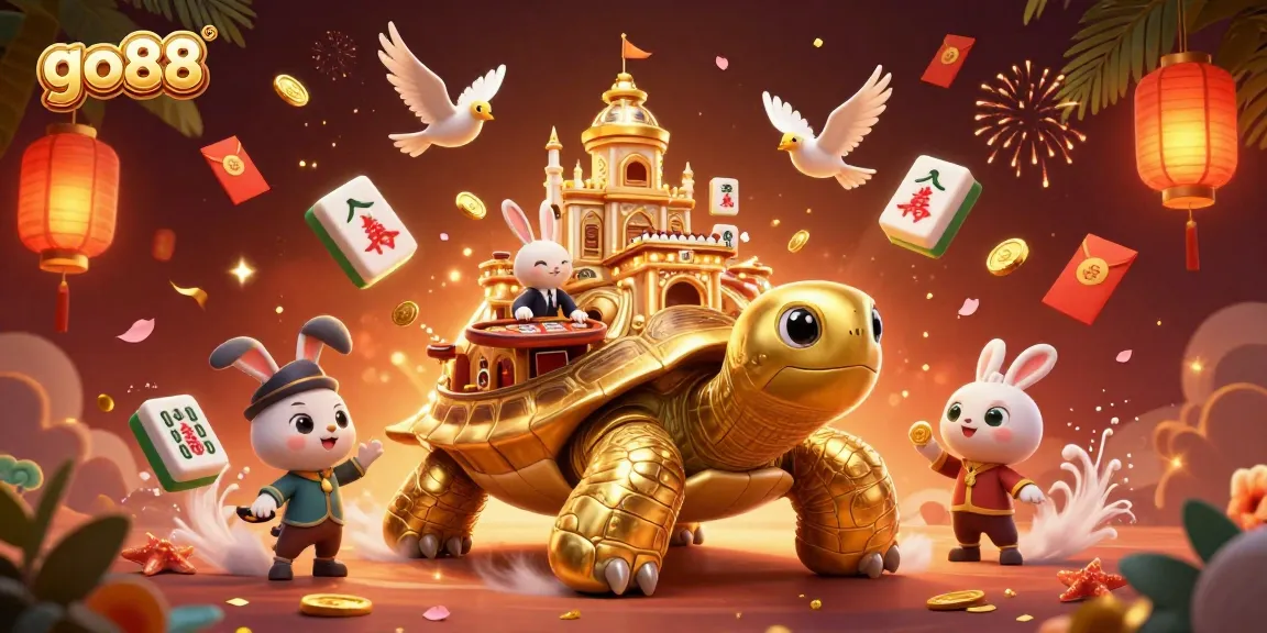 Experience excitement at go88 with a golden tortoise casino, rabbit dealer, and festive elements.