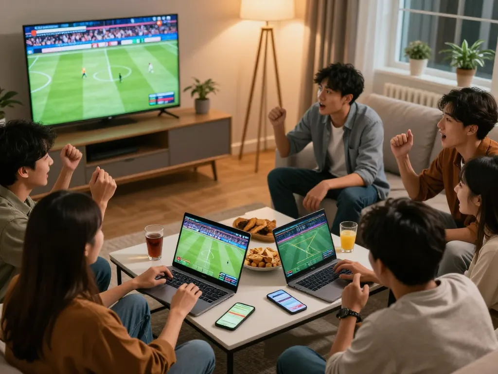 Cakhiatv sports betting excitement among friends with laptops and smartphones during a live football match.