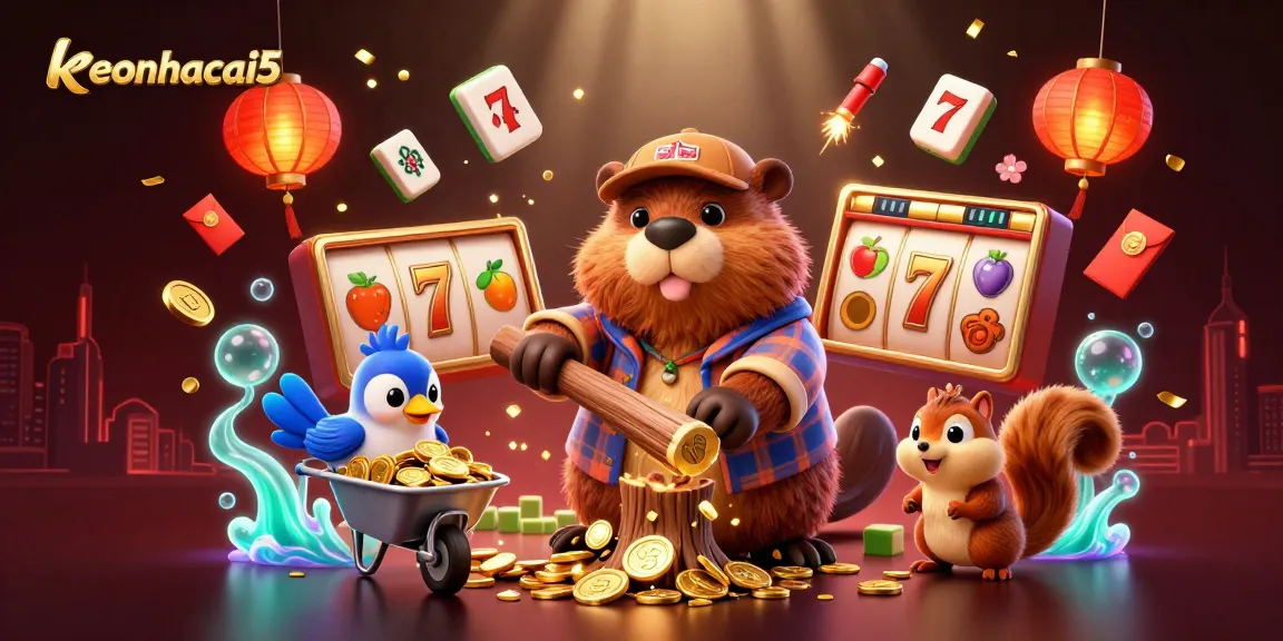 Experience keonhacai5 as a beaver chops a coin-raining tree in this vibrant casino scene.