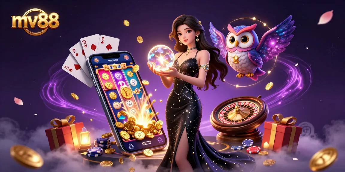 Experience the thrill of mv88 casino with a stunning illustration showcasing slot games and vibrant characters.