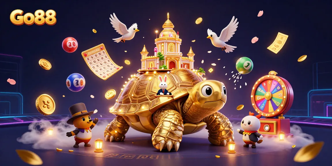 Engage with Go88's vibrant gambling atmosphere featuring a golden tortoise casino and a dynamic rabbit dealer surrounded by lottery elements.