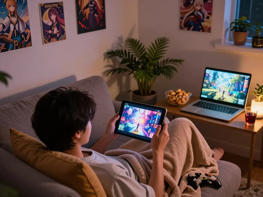 Engaged user playing immersive porn games on tablet in a cozy setting