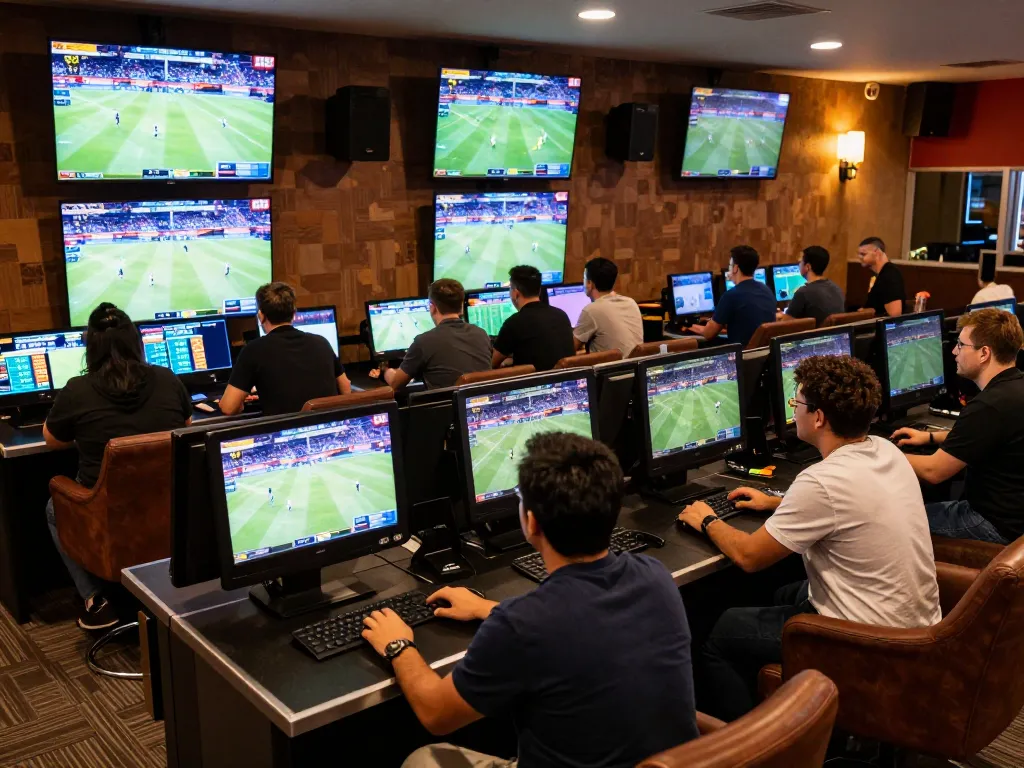 AE888 sports betting lounge filled with energetic patrons placing bets on live games.