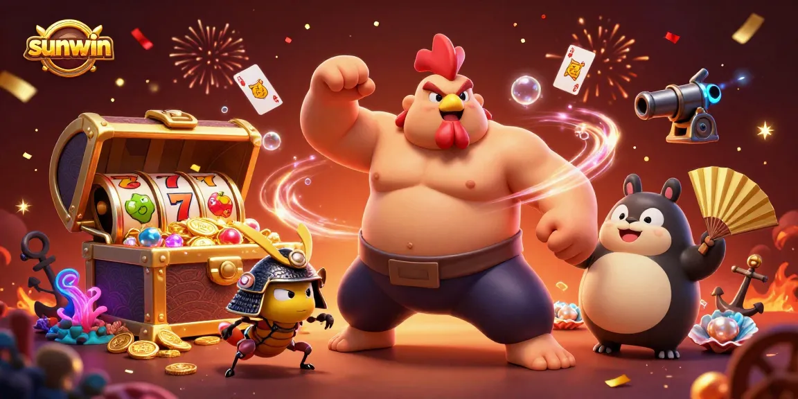 Experience the excitement of sunwin in this dynamic casino-themed 3D illustration featuring iconic characters.
