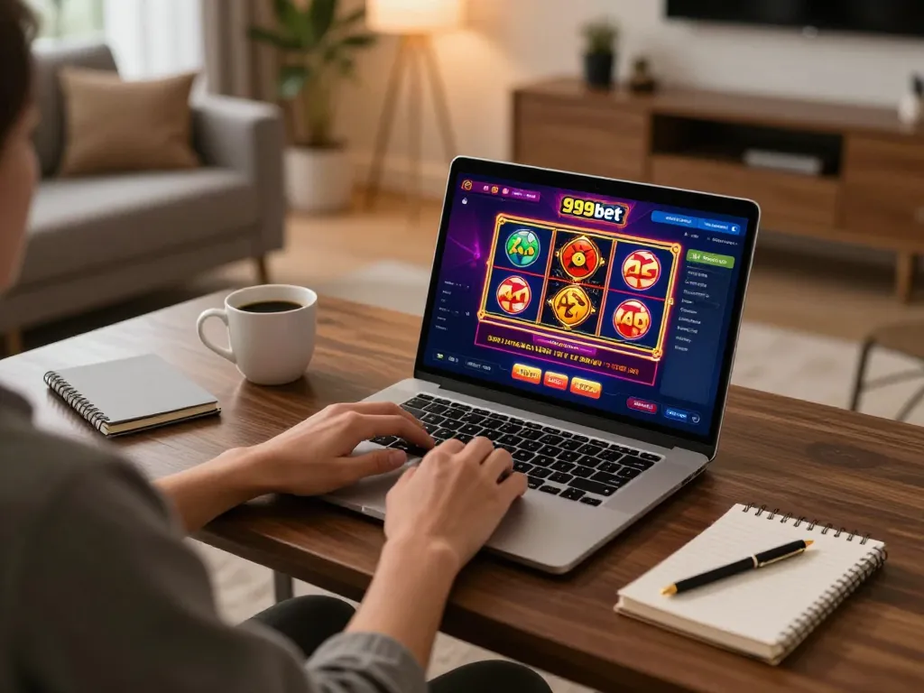 Player engaging with 999bet online casino, showcasing vibrant games and a cozy gaming setup.