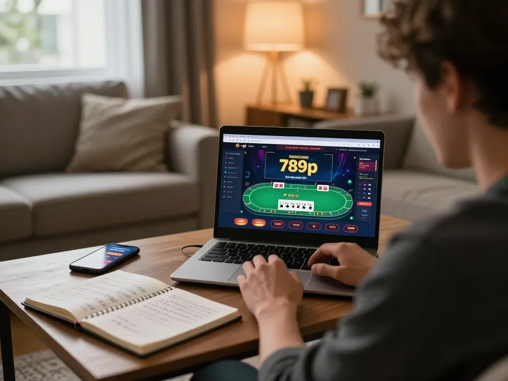 Player engaging in an online poker game at home using 789p, showcasing a strategic betting setup