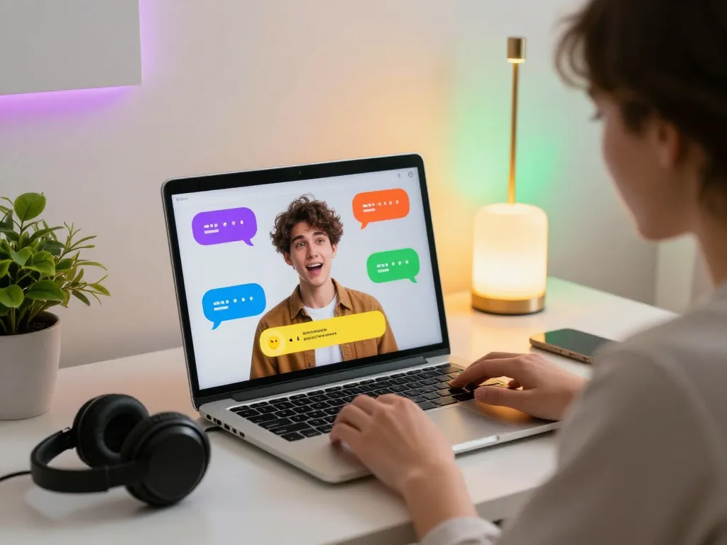 Engaging crushon AI character chatroom experience in a modern home office.