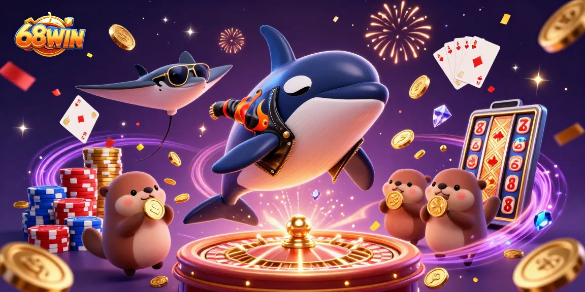 68WIN captivates with an orca in a biker jacket, coins flying during a thrilling casino adventure.