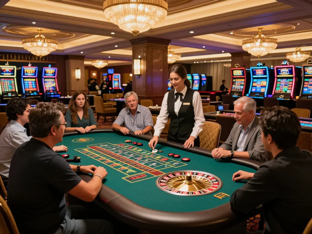 Players at a roulette table in a vibrant Hubet casino engage in strategic betting, creating an exciting atmosphere.