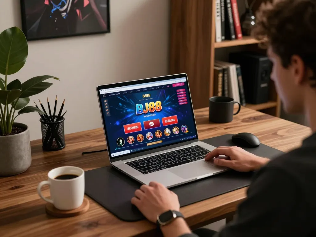 Player engaging with BJ88 online casino interface during a cozy gaming session at home