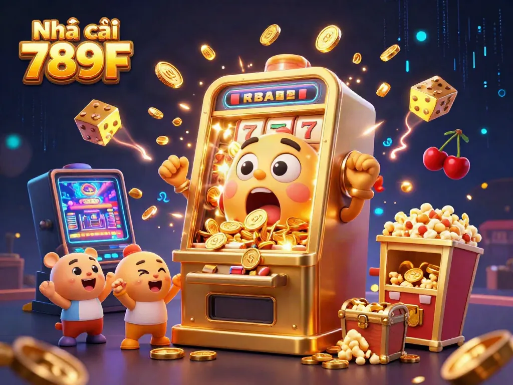 Experience the excitement of Nhà cái 789F with a vibrant slot machine jackpot celebration bursting with coins and colorful game elements.