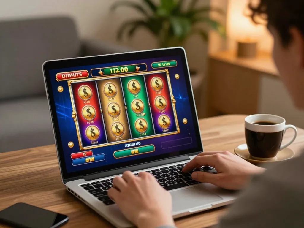 Player enjoying FUN79 slot games at home with engaging visuals and a cozy setup