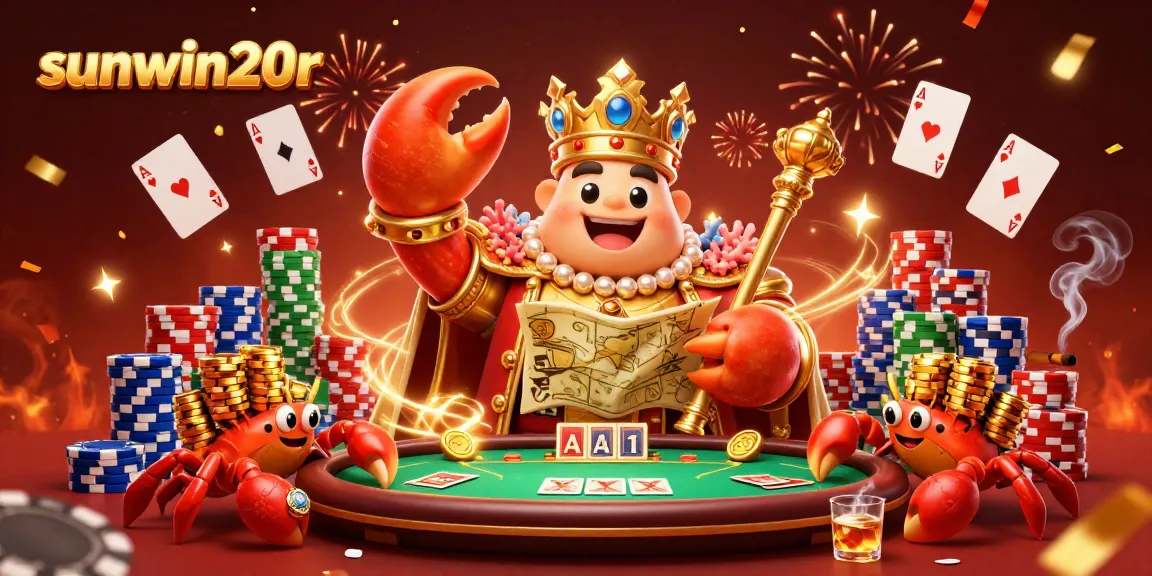 Engage in thrilling poker action with sunwin20r, featuring a golden crab emperor amidst vibrant casino elements.