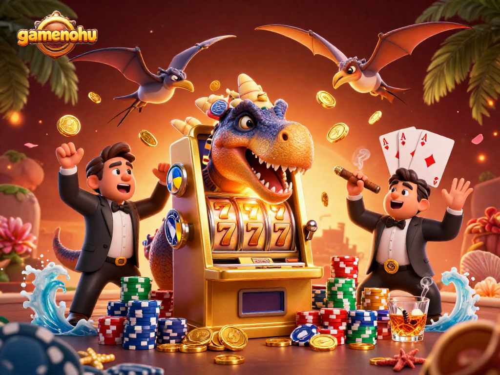 Experience thrilling jackpots with gamenohu as dinosaur characters engage with vibrant casino elements.