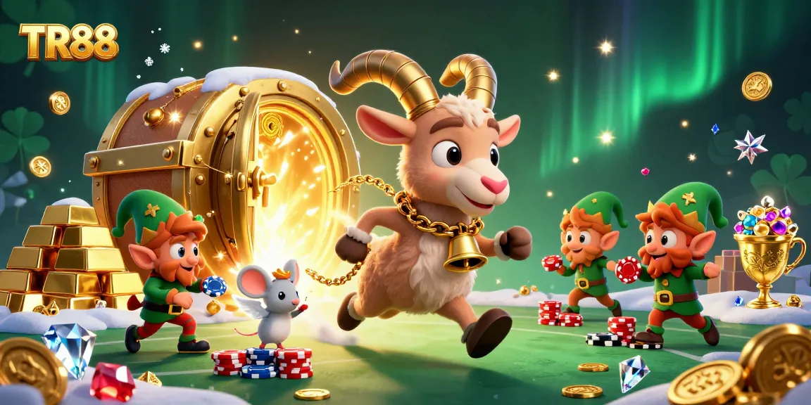 Experience the excitement of TR88 with festive characters and dazzling casino elements in an engaging 3D scene.