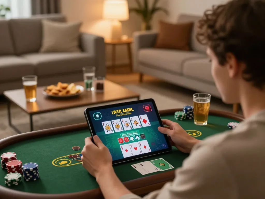 Engaged player enjoying a live dealer blackjack game on tablet at home, 789Club online gaming experience.