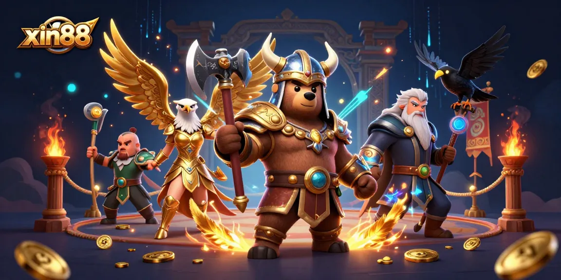 Experience xin88 thrills with a dynamic 3D casino battle scene featuring mythical characters and vibrant gambling elements.