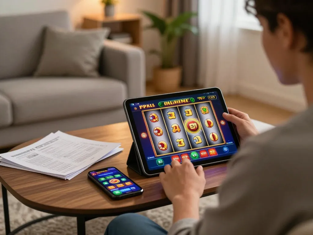 Player enjoying G28 online slot gaming on a tablet in a cozy living room atmosphere.
