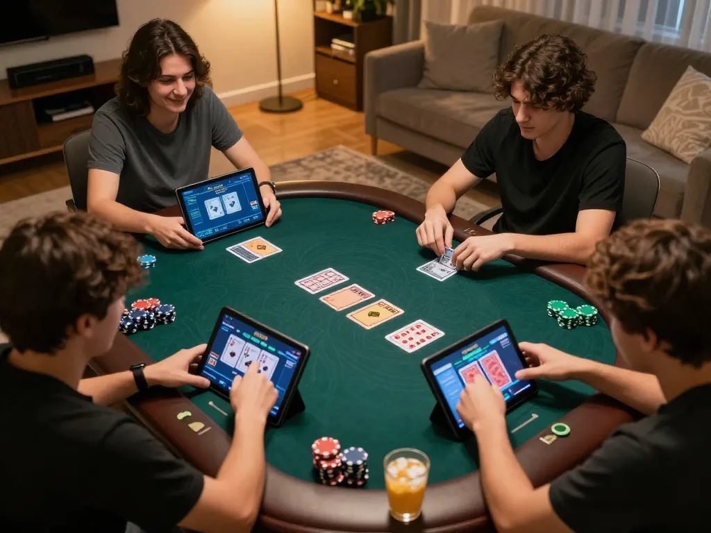 Sun win online poker players strategizing over laptops and tablets in a cozy living room