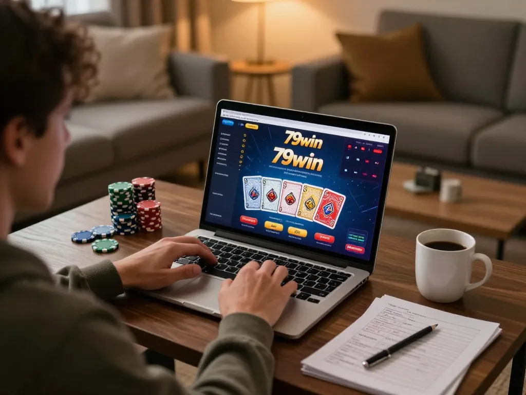Engaging with 79win online casino from a cozy home setup featuring gaming notes.