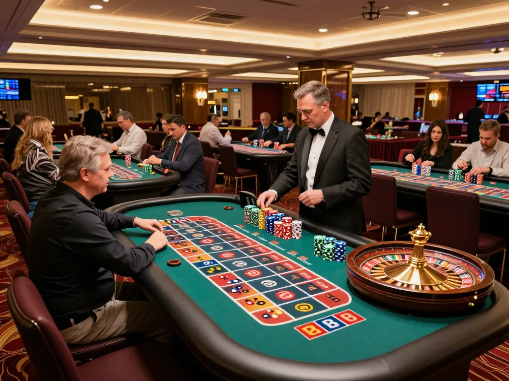 Experience the thrilling roulette game at mubet with vibrant chips and engaged players